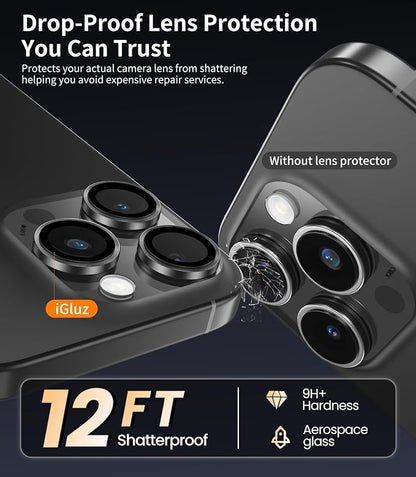 iGluz 2 Pack Anti-Reflection Camera Lens Protector for iPhone 16 Pro/iPhone 16 Pro Max [98% Transmittance][1-Step Installation Tray][Strong Adsorption] 9H Shatterproof Tempered Glass-Black Titanium