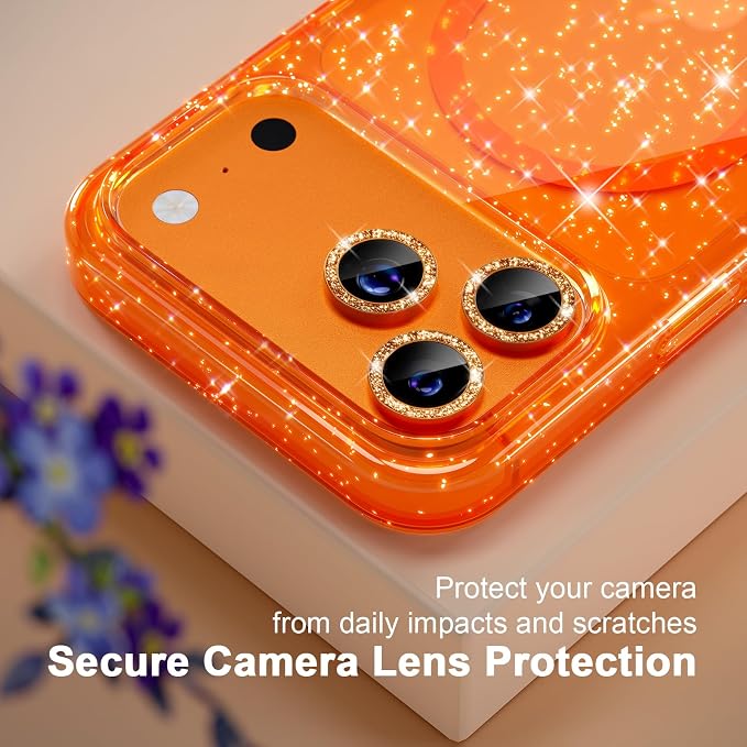 Choiche Magnetic for iPhone 17 Pro Case Compatible with MagSafe, Women Cute Glitter Sparkly Phone Case with Diamond Camera Lens Protectors, Military-Grade Drop Protection 6.3" (Orange)