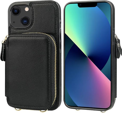 Bocasal RFID Blocking Wallet Case for iPhone 14 iPhone 13, Adjustable Crossbody Zipper Purse Case Card Holder with Kickstand Detachable Wrist Strap, PU Leather Flip Folio Case 6.1 Inch 5G (Black)