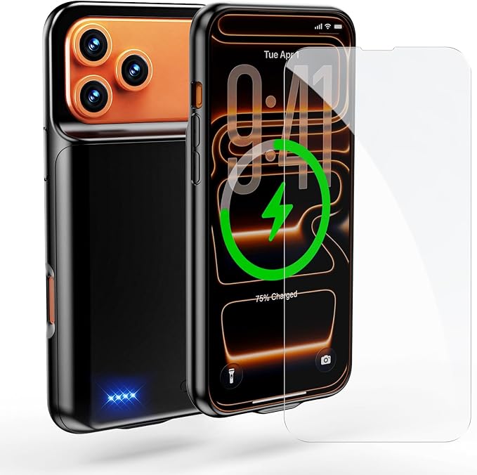 Battery Case for iPhone 17 Pro Max (6.9 inch), 2026 Upgraded High Capacity 13800mAh Battery Pack Rechargeable Charger External Charging Case with Tempered Glass Screen Protector Black