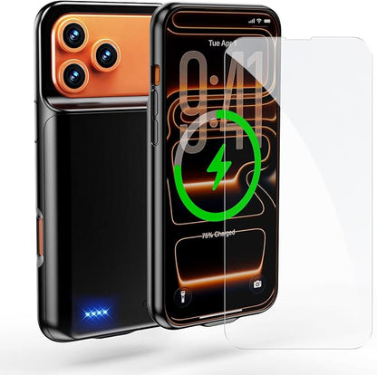 Battery Case for iPhone 17 Pro Max (6.9 inch), 2026 Upgraded High Capacity 13800mAh Battery Pack Rechargeable Charger External Charging Case with Tempered Glass Screen Protector Black