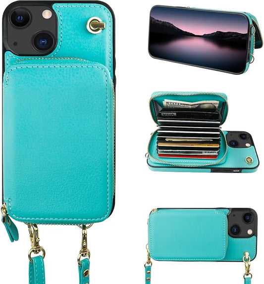 Bocasal Crossbody Wallet Case for iPhone 14/13, RFID Blocking Leather Purse Case with Card Holder, Protective Handbag Flip Cover with Zipper Wrist Strap Lanyard for Women 5G 6.1 Inch (Mint Green)