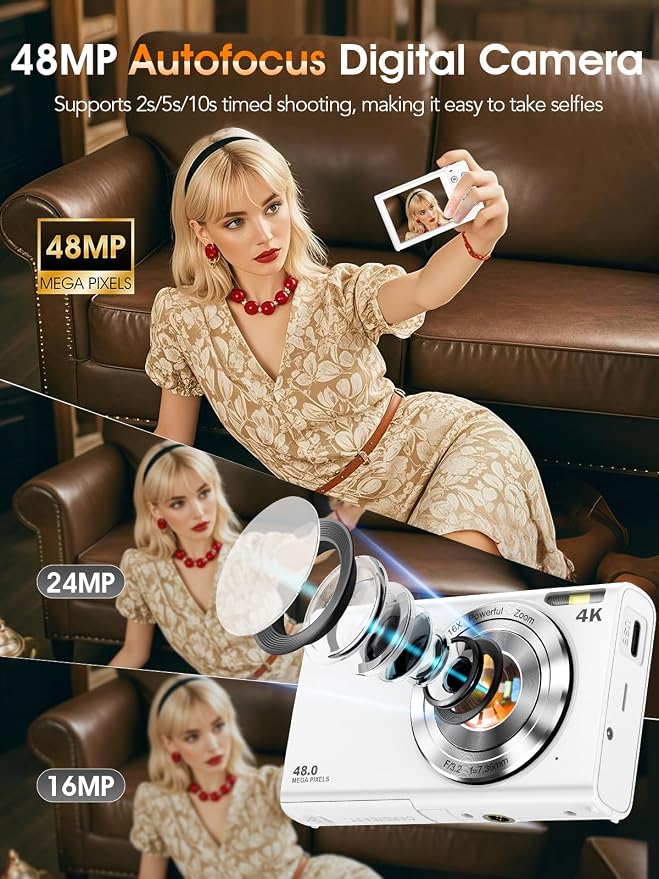 Digital Camera,Autofocus 4K Vlogging Camera for Photography with 32GB Card,48MP Portable Compact Point and Shoot Digital Camera for Teens Adult Beginner with 16X Zoom,Anti-Shake,2 Batteries(White)