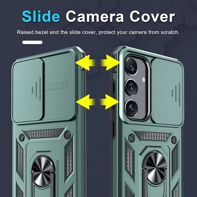 Janmitta Compatible with Samsung Galaxy S25 Plus/S24 Plus Case Built in Slide Camera Lens Cover+Screen Protector+Finger Ring Holder Kickstand,Heavy Duty Shockproof Full Body Phone Cover,Dark Green