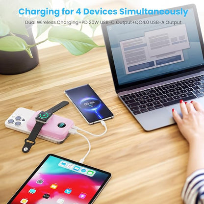 Magnetic Portable Charger 10800mAh,4-in-1 Wireless Power Bank with iWatch Charger, QC4.0+20W PD Fast Charging USB C Battery Pack with LCD Display for Magsafe,iPhone 16/15/14/13/12,Apple Watch, Pink