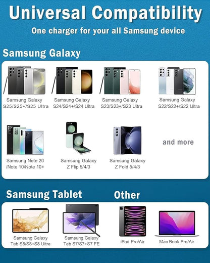 45W Super Fast Charger Type C Android Phone Charger Fast Charging Replacement for Samsung Galaxy S25/S25 Ultra/S25+/S24 Ultra/S24/S24+/S23 Ultra/S23/S22/S20/S21,Galaxy Tab,6ft Type C Cable- 3pack