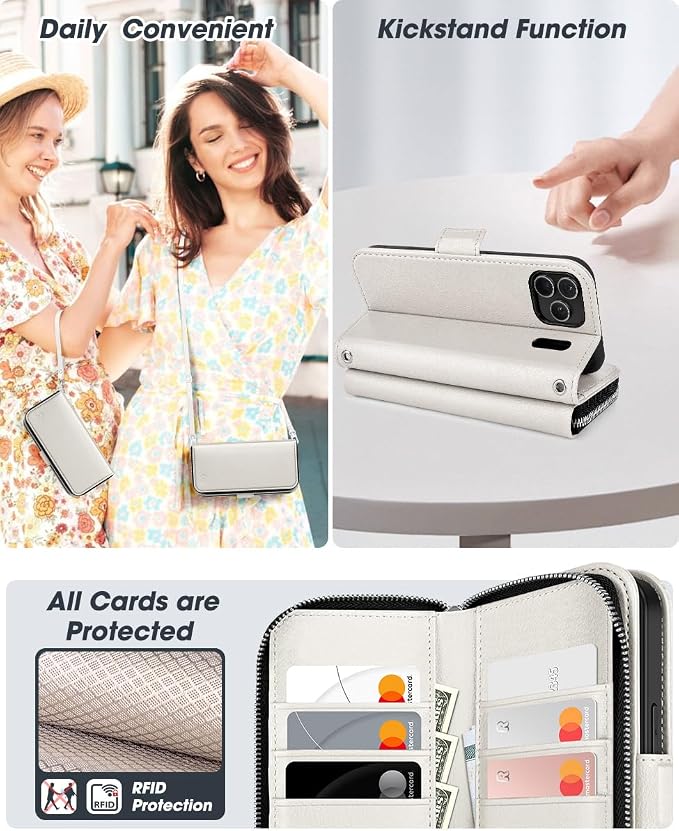 OCASE for iPhone 17 Pro Crossbody Wallet Case - Stylish PU Leather Handbag Phone Purse with Zipper Closure, Card Slots & RFID Blocking - Wrist Strap, Lanyard, Kickstand - Cream