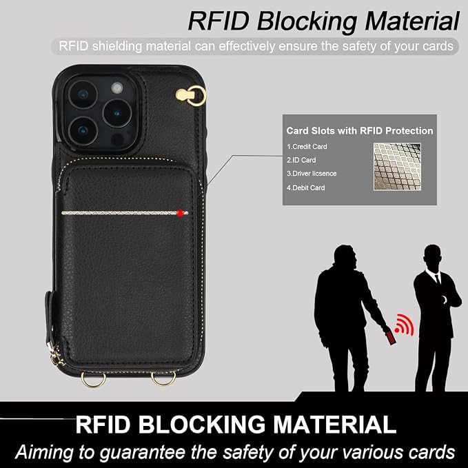 Bocasal Crossbody Wallet Case for iPhone 16 Pro Max, RFID Blocking Leather Purse Case with Card Holder, Protective Handbag Flip Cover with Zipper Wrist Strap Lanyard for Women 5G 6.9 Inch (Black) | RFID Blocking, Leather, Purse Case, Card Holder, Prote...