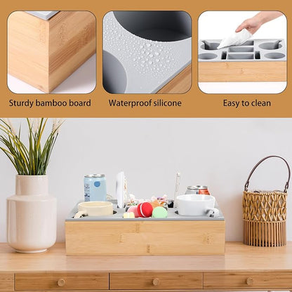 Yerliker Couch Cup Holder Tray, Silicone Lining Couch Caddy Waterproof Anti-spill Sofa Cup Holder for Bed Car Seat Organizer, Hold Mugs, Drinks, Snacks, Phones, Remotes(Rectangle,Grey,Bamboo)
