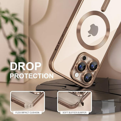 Misea Magnetic for iPhone 16 Pro Case Compatible with MagSafe [Never Yellowing] [Military Grade Drop Protection] Full Camera Lens Protector Plating Soft Clear Phone Case for Women, Titanium Desert