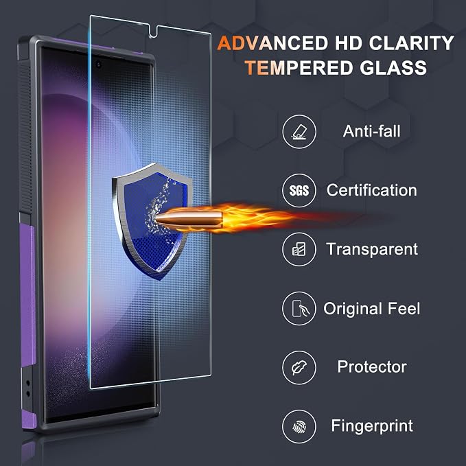 RMOCR Case for Samsung Galaxy S25 Ultra, Full Body Heavy Duty Rugged Shockproof Protective Phone Cover with Lanyard Strap, Tempered Glass Screen Protector and Camera Lens Cover, Lavender
