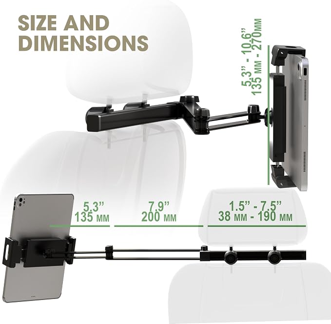 ZIRKA Car Headrest Tablet and Phone Holder – Adjustable Back Seat Mount for iPad, iPhone, Samsung – Heavy Duty Aluminium arm, 360° Rotation, for Kids, Travel, Road Trips, Fits 6”–19” Devices