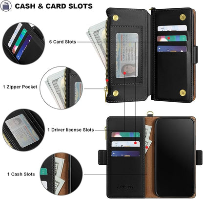 Antsturdy Compatible with iPhone 15 Wallet Case Card Holder【RFID Blocking】 PU Leather Phone Case Women Men flip Protective Cover Wrist Strap Zipper Credit Card Slots,for Apple 15 6.1",(Black)