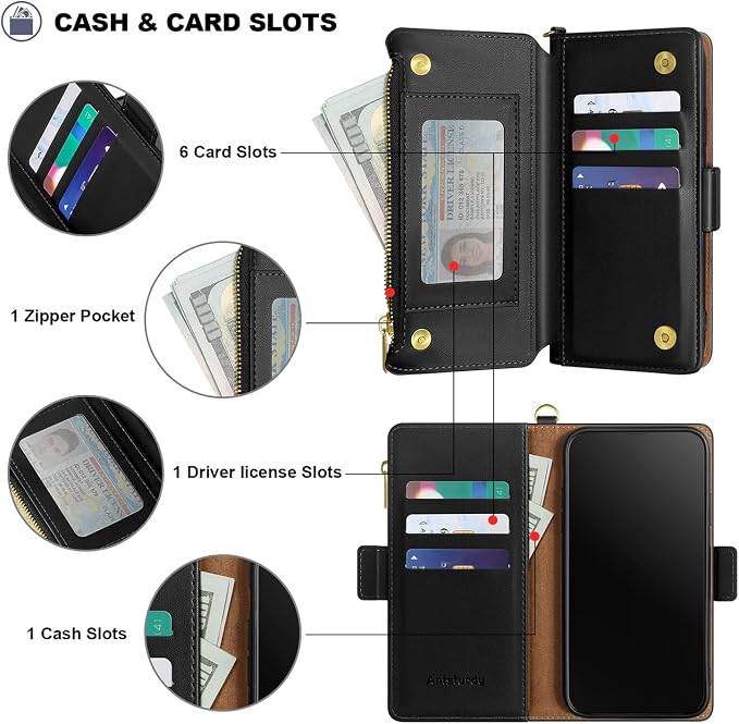 Antsturdy Compatible with iPhone 17 Pro Wallet Case Women,RFID Blocking PU Leather Phone Case Men Kickstand Flip Cover Wrist Strap Zipper Credit Card Holder Slots for Apple 17 Pro 6.3",Black
