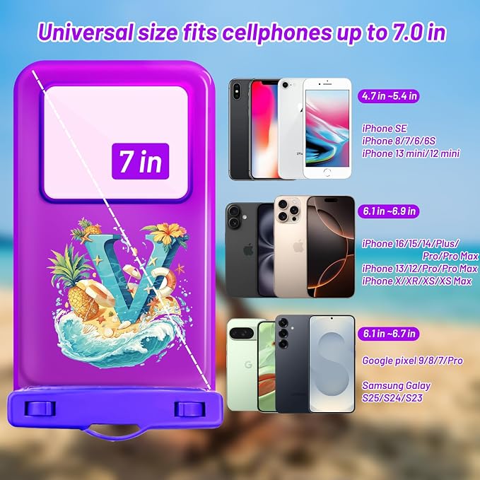 Personalized Initial Waterproof Phone Pouch Case - IPX8 Cellphone Dry Bag with Lanyard for iPhone 16/15/14/13/12 Pro Max (6.1–6.9"), Beach & Cruise Ship Essentials with Monogrammed Design (Purple, V)