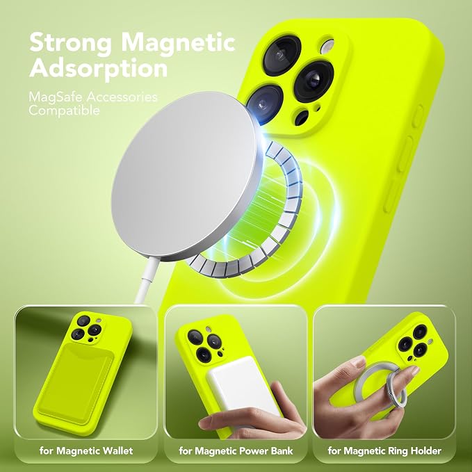 Magnetic for iPhone 14 Pro Max Case, Compatible with MagSafe, [Full Camera Protection][Screen Protector] Silicone Shockproof Protective Phone Case for iPhone 14 Pro Max, Fluorescent Green