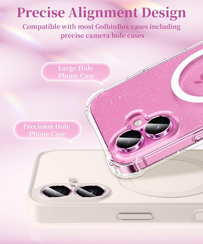 GolbinBox Camera Lens Protector for iPhone 17/16/16 Plus, 1:1 Invisible Fit, 9H Tempered Glass Ultra HD Metal Individual Camera Cover, Case Friendly, Hot Pink