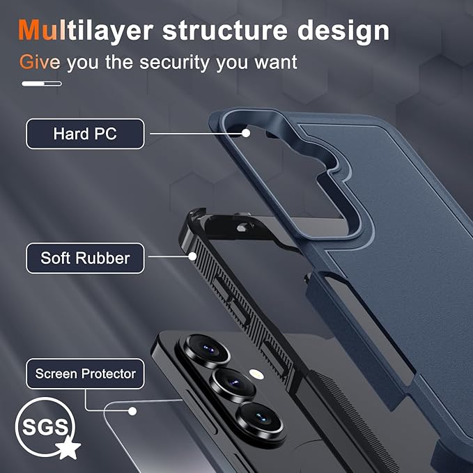 for Samsung Galaxy S26 Case with Screen Protector+Camera Lens Cover,Military Grade Heavy Duty Shockproof Phone Cover with Wrist Lanyard Strap for Samsung S26,Navy Blue