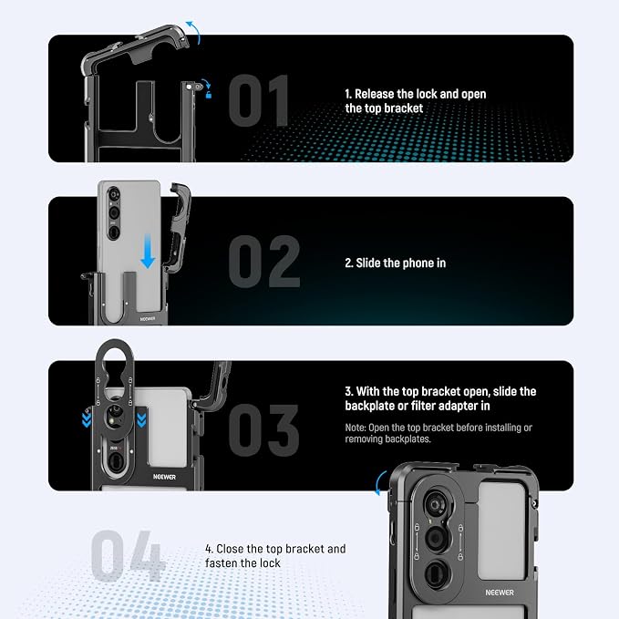 NEEWER Xperia 1 V Cage, Quick Release Video Rig Case Phone Stabilizer Holder for Recording Filming, 67mm Filter Adapter, 17mm Lens Backplate, T Mount Lens Backplate Compatible with Moment Sony, PA087
