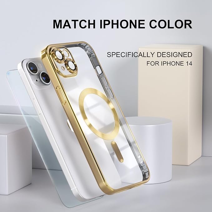 Misea Magnetic for iPhone 14 Case Compatible with MagSafe [Never Yellowing] [Military Grade Drop Protection] Full Camera Lens Protector Plating Soft Clear Phone Case for Women Girls, Gold