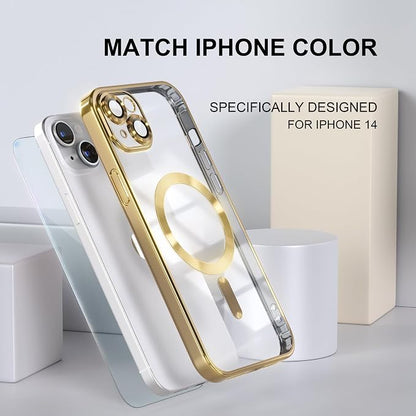 Misea Magnetic for iPhone 14 Case Compatible with MagSafe [Never Yellowing] [Military Grade Drop Protection] Full Camera Lens Protector Plating Soft Clear Phone Case for Women Girls, Gold