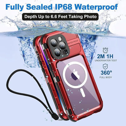 WIFORT for iPhone 14 Pro Max Waterproof Case - Metal Shockproof Phone Case Built-in Screen Protector [IP68 Water Proof][14FT Military Grade ], Heavy Duty Full Body Drop Protection Cover, 6.7" Red