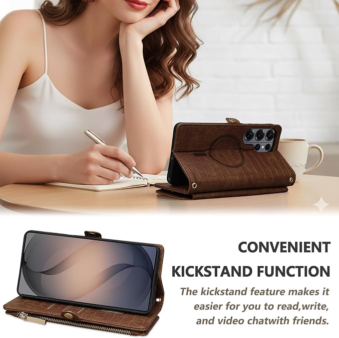 Crossbody Wallet Case for Samsung Galaxy S26 Ultra with Mirror, Wrist Strap, Zipper Purse Magnetic Flip, RFID Blocking Card Holder, PU Leather Shockproof Women (Brown)