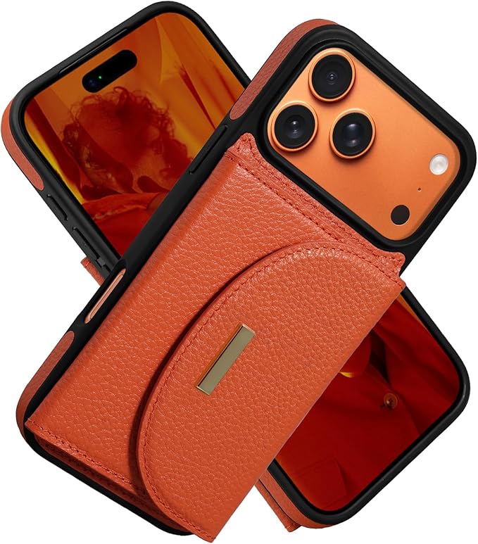 Keallce Wallet Case for iPhone 17 Pro Max 6.9'', Genuine Leather Magnetic Flip Case with RFID Blocking, Card Holder Slots and Kickstand, Protective Folio Cover for Women, Orange