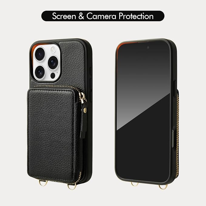 ZVE for iPhone 16 Pro Max Wallet Case, Zipper Crossbody Case with Wrist Strap Card Holder Protective Cover for Women for iPhone 16 Pro Max 6.9" Black