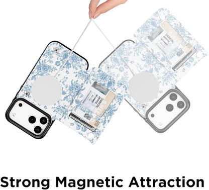 uCOLOR for iPhone 17 Pro Max 6.9" Wallet Case Magsafe with Card Holder Slot【Compatible with MagSafe】 Double Magnetic RFID Design with Camera Lens Protector (Blue Floral, iPhone 17 Pro Max)