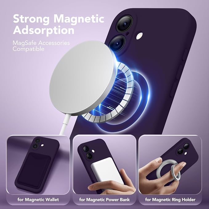 Magnetic for iPhone 16 Case, Compatible with MagSafe, [Screen Protector + Full Camera Protection], Silicone Shockproof Anti-Scratch Protective Phone Case for iPhone 16 6.1", Deep Purple