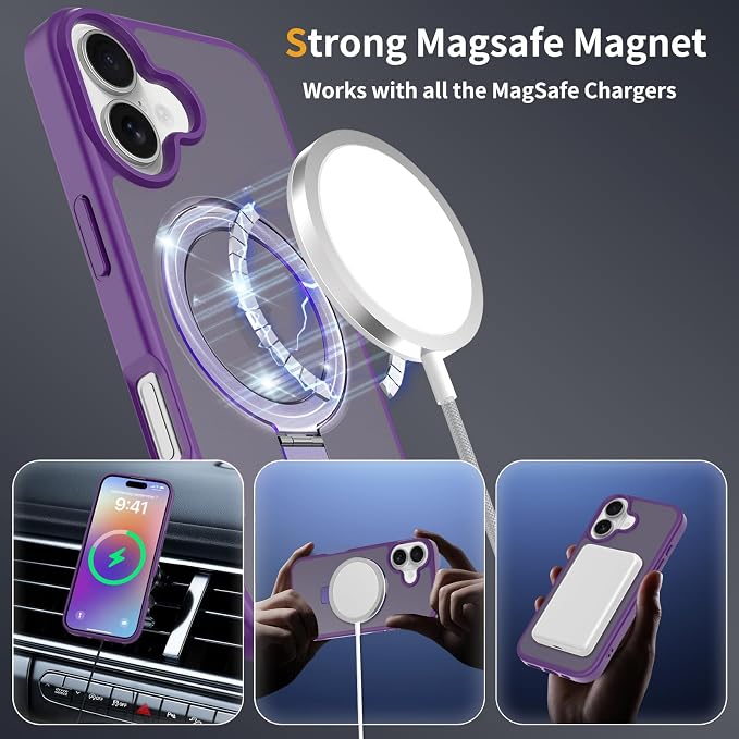 Ultra-Magnetic Stand for iPhone 17 Case [Military Drop Protection] [Compatible with MagSafe] Shockproof Translucent Matte Slim Ring Holder Case for iPhone 17 (Purple)