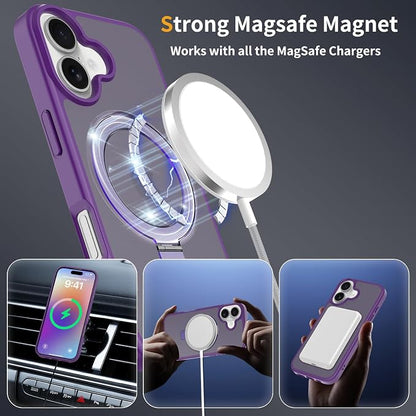 Ultra-Magnetic Stand for iPhone 17 Case [Military Drop Protection] [Compatible with MagSafe] Shockproof Translucent Matte Slim Ring Holder Case for iPhone 17 (Purple)