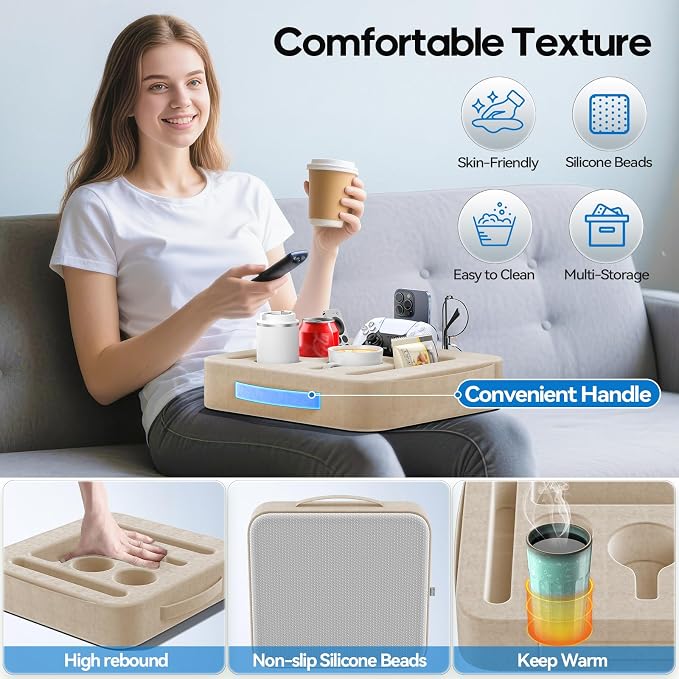 Couch Cup Holder Tray, Couch Caddy for Drink, Snack, Phone, Remote, Ipad, Game Controller, Large-Size Sofa Cup Holder for Bed, Sofa, Car, Desk, Khaki