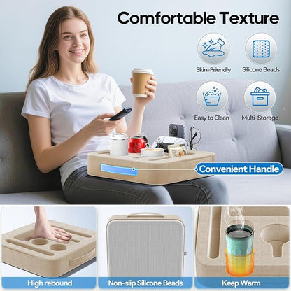 Couch Cup Holder Tray, Couch Caddy for Drink, Snack, Phone, Remote, Ipad, Game Controller, Large-Size Sofa Cup Holder for Bed, Sofa, Car, Desk, Khaki