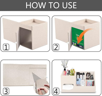 Plus Size Tissue Box Cover-Square Linen Tissue Cover with Side Storage and Tray,Modern Makeup Organizer,Leather Tissue Holder Decorative Cube Organizer for Living Room Vanity NightStand Office,Beige