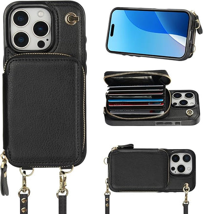 Bocasal Crossbody Wallet Case for iPhone 16 Pro, RFID Blocking Leather Purse Case with Card Holder, Protective Handbag Flip Cover with Zipper Wrist Strap Lanyard for Women 5G 6.3 Inch (Black)