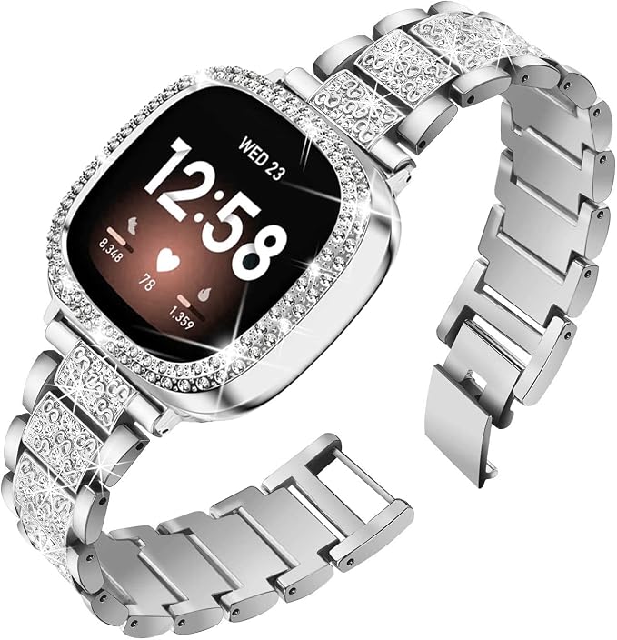 Compatible with Fitbit Versa 4/Sense 2 with Case Women, Jewelry Replacement Metal Wristband Strap with Bling PC Protective Cover for Fitbit Versa 3/Sense (Fitbit Versa 4/Sense 2, Silver)