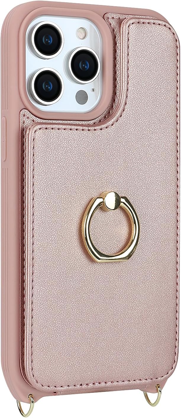 Lipvina for iPhone 13 Pro Case with Card Holder and Strap for Women,Crossbody Lanyard,RFID Blocking,Kickstand Ring Stand,Snap Clasp,Phone Wallet Cases 6.1 inch(Rose Gold)