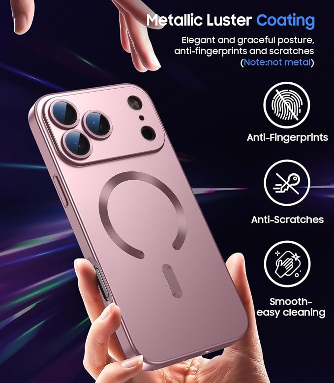 Magnetic for iPhone 17 Pro Case [Compatible with MagSafe][Built-in Camera Lens Protector] Slim Thin Soft Silicone Bumper Shockproof Metallic Luster Phone Case (Rose Gold)