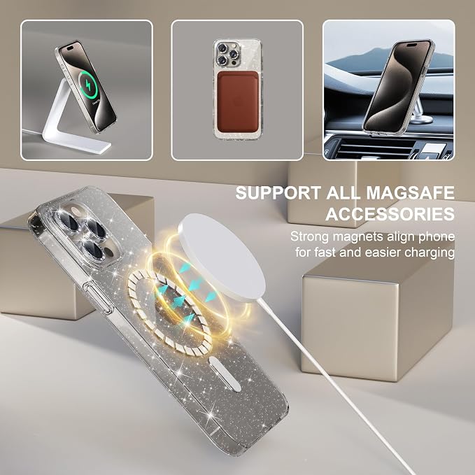 Choiche for iPhone 15 Pro Max Case Magnetic, Women Clear Glitter Bling Sparkly Case, [3xDiamond Camera Lens Protectors] [2xTempered Glass Screen Protectors] [Compatible MagSafe] (Glitter Clear)