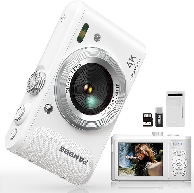 Digital Camera, 4K Vlogging Camera with 64MP, Point and Shoot Digital Cameras with 18X Zoom, Anti-Shake, Mode Dial, 32GB SD Card, Card Reader, Charger, Compact Small Cameras, Off White