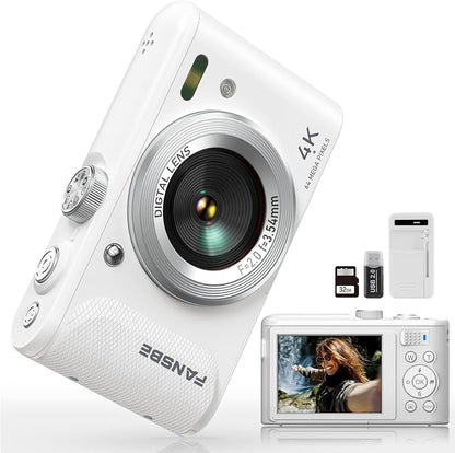 Digital Camera, 4K Vlogging Camera with 64MP, Point and Shoot Digital Cameras with 18X Zoom, Anti-Shake, Mode Dial, 32GB SD Card, Card Reader, Charger, Compact Small Cameras, Off White