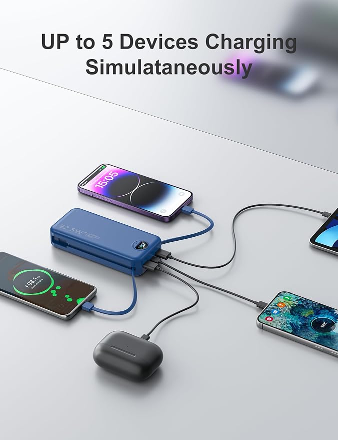 20000mAh Ultra-Portable-Charger-Power-Bank with Built in Cables&AC Wall Plug,PD20W USB-C Fast Charging Cell Phone Charger Battery Pack,LED Display Travel Battery Bank for All iPhone,Samsung,Android