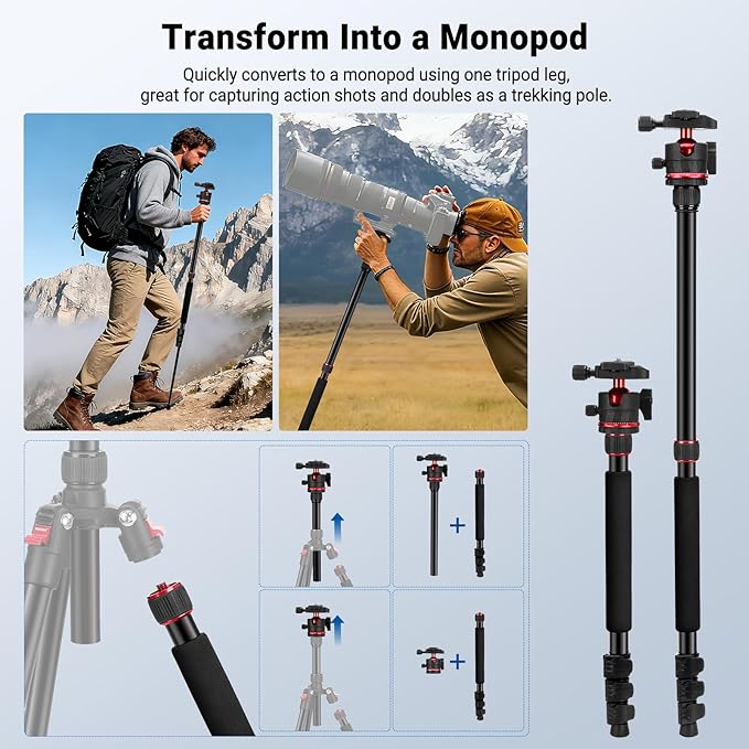 NEEWER Basics 72" / 182 cm Travel Tripod Monopod for Camera, Compact Lightweight Portable Video Recording Stand, Arca Type Ball Head, Cell Phone Holder Compatible with iPhone, Max Load 13.2 lb, TP14B