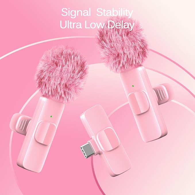 Wireless Lavalier Lapel Microphone for iPhone, iPad, mini Video Recording Mic for Interview Video Podcast Vlog YouTube & Livestream, Noise Reduction, Plug & Play (Pink Type C & Lightning Port)