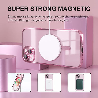 Misea Magnetic for iPhone 15 Case Compatible with MagSafe [Never Yellowing] [Military Grade Drop Protection] Full Camera Lens Protector Plating Soft Clear Phone Case for Women, Pink