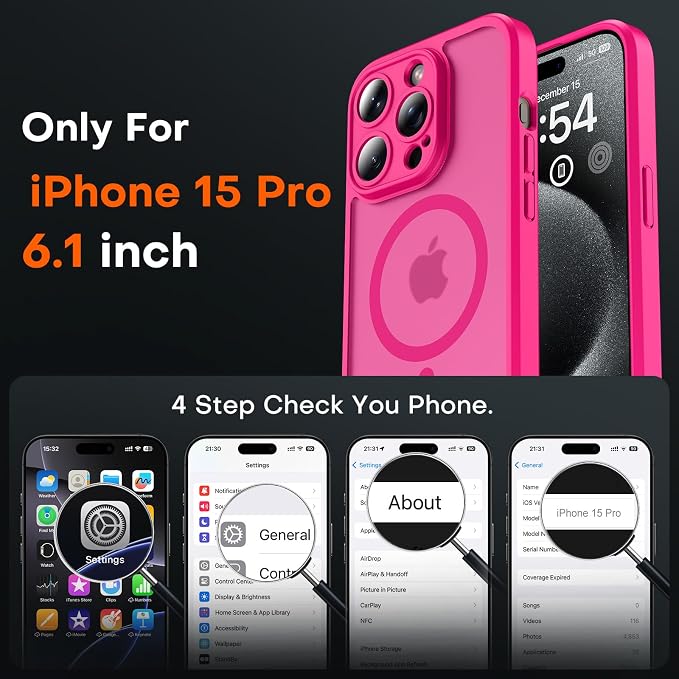 TOCOL for Phone 15 Pro Case, Compatible with Magsafe Charger, Full Camera Protection, Drop Protection, Translucent Matte Phone Case for iPhone 15 Pro 6.1 inch (Hot Pink)