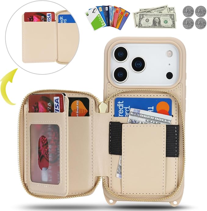 Crossbody Wallet Case for iPhone 17 Pro, PU Leather Zipper Handbag Purse Flip Cover, Kickstand Folio Case with Card Slots Holder Wrist Strap Lanyard 5G 6.3 Inch-White