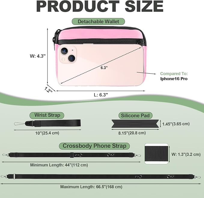 YFWE Clip and Go Strap for Phone with Wallet Crossbody, Adjustable Phone Lanyard with Detachable RFID Wristlet Wallet & Ultra-Thin 360° Rotatable Metal Tabs for All Smartphones (Pink)